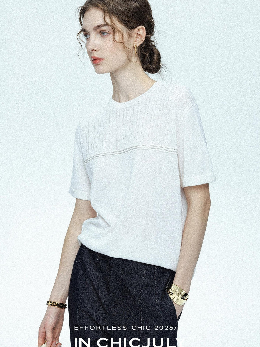 chicjuly Handcrafted Beaded Cable Knit Women's Mulberry Silk Wool Short Sleeve T-shirts