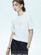 chicjuly Handcrafted Beaded Cable Knit Women's Mulberry Silk Wool Short Sleeve T-shirts