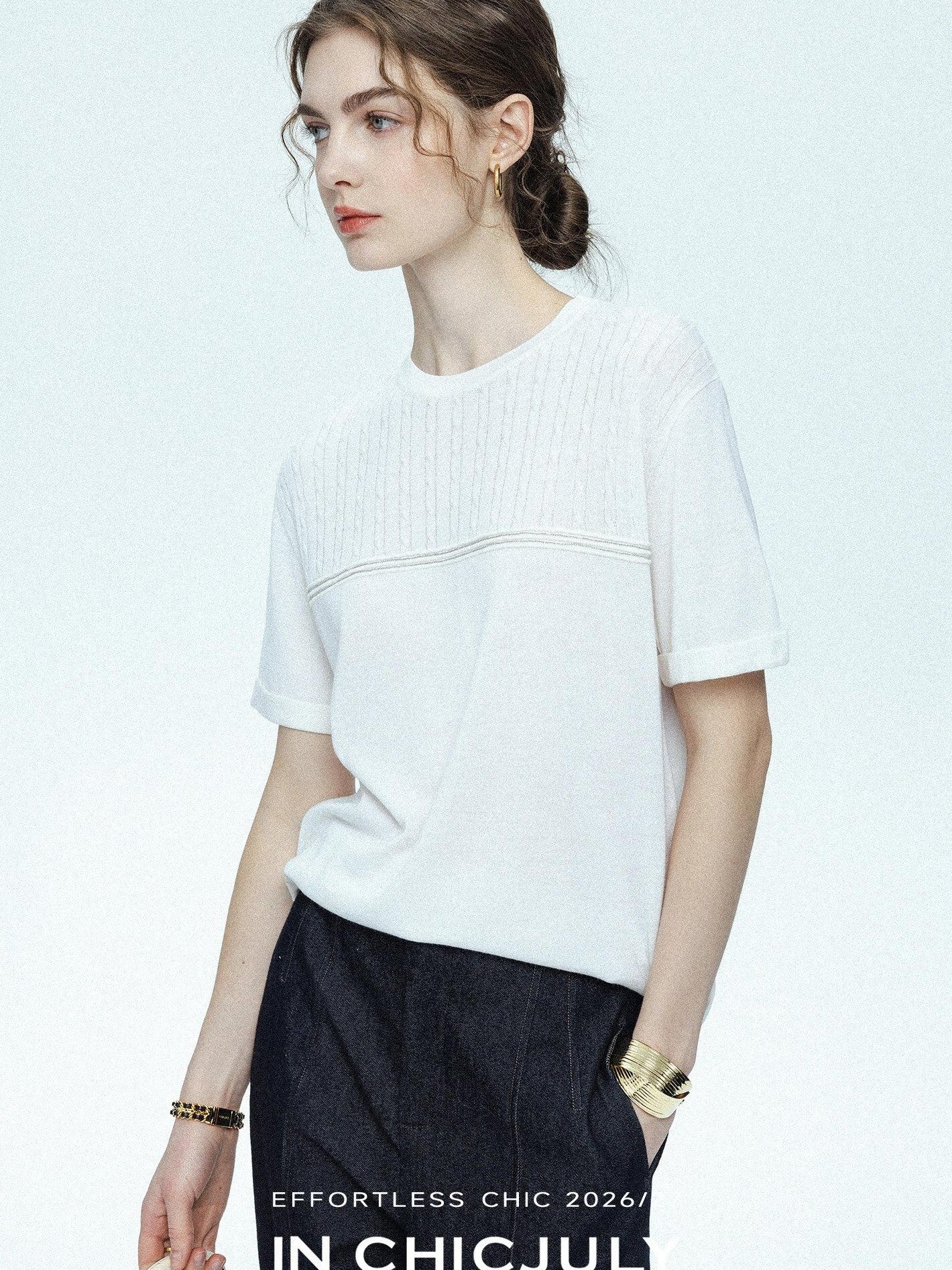 chicjuly Handcrafted Beaded Cable Knit Women's Mulberry Silk Wool Short Sleeve T-shirts
