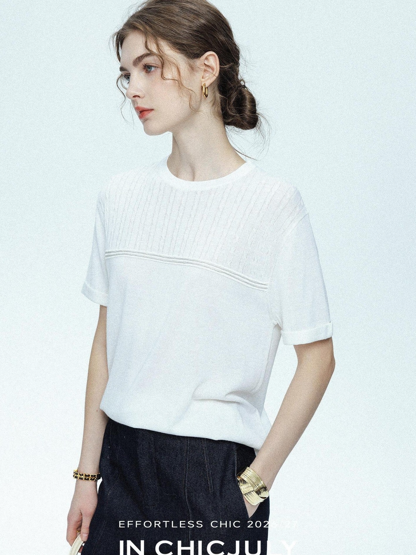 chicjuly Handcrafted Beaded Cable Knit Women's Mulberry Silk Wool Short Sleeve T-shirts