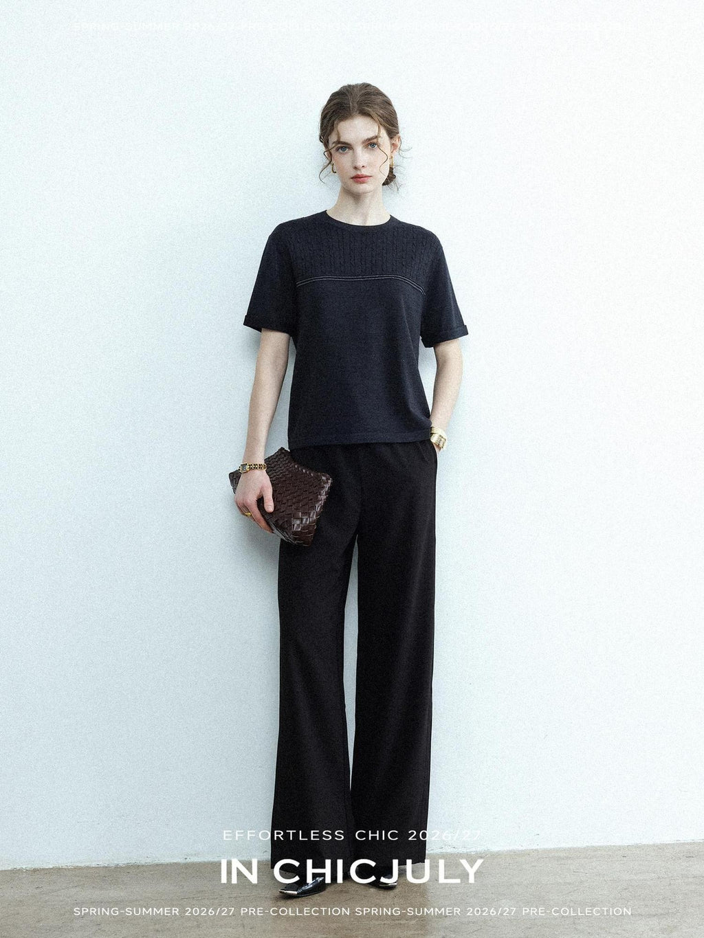 chicjuly Handcrafted Beaded Cable Knit Women's Mulberry Silk Wool Short Sleeve T-shirts