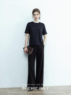 chicjuly Handcrafted Beaded Cable Knit Women's Mulberry Silk Wool Short Sleeve T-shirts