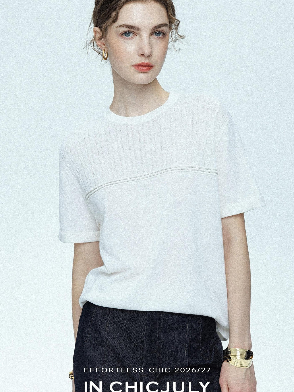 chicjuly Handcrafted Beaded Cable Knit Women's Mulberry Silk Wool Short Sleeve T-shirts