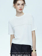 chicjuly Handcrafted Beaded Cable Knit Women's Mulberry Silk Wool Short Sleeve T-shirts