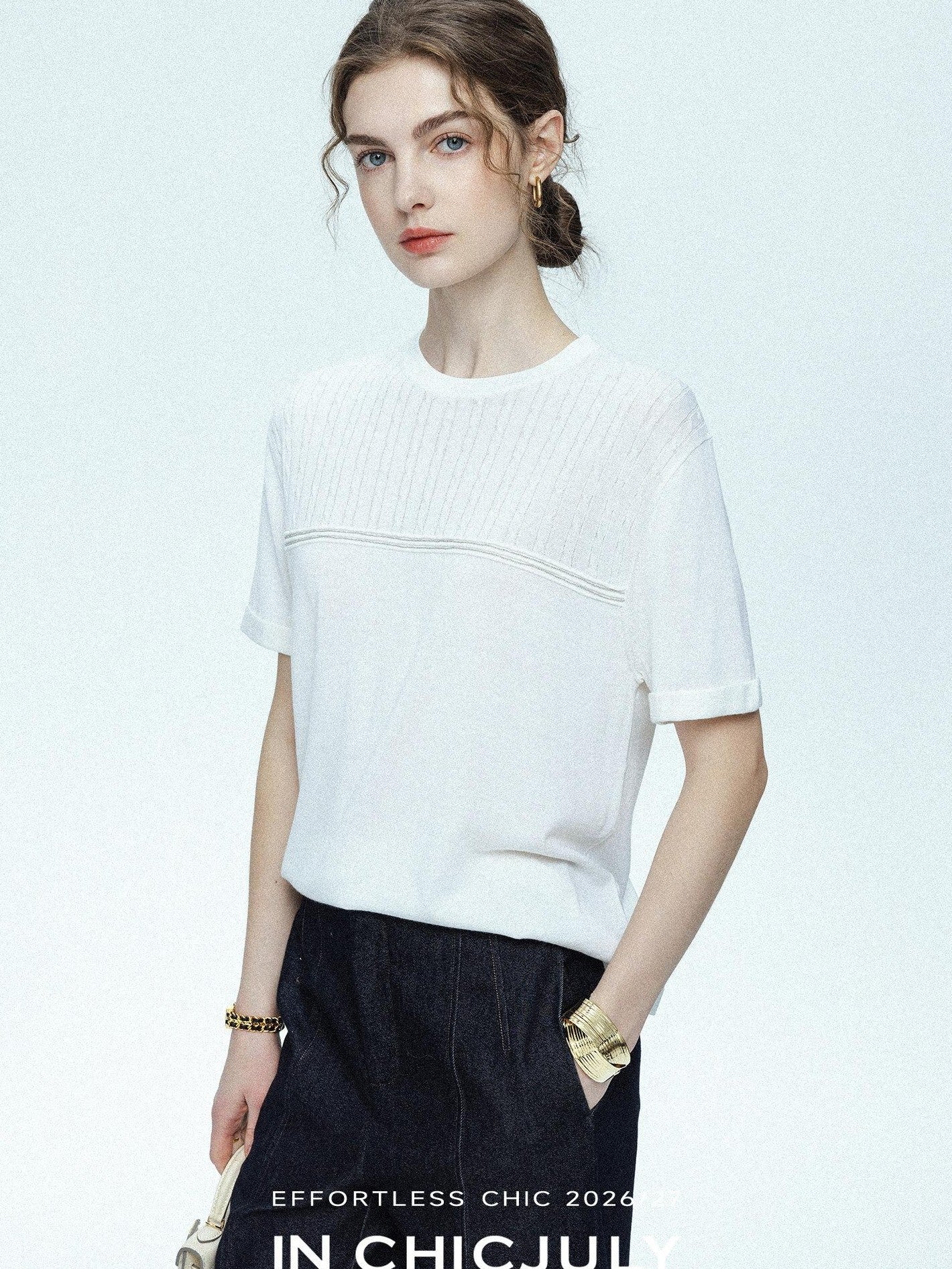 chicjuly Handcrafted Beaded Cable Knit Women's Mulberry Silk Wool Short Sleeve T-shirts