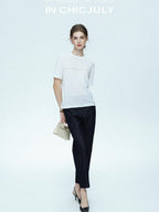 chicjuly Handcrafted Beaded Cable Knit Women's Mulberry Silk Wool Short Sleeve T-shirts