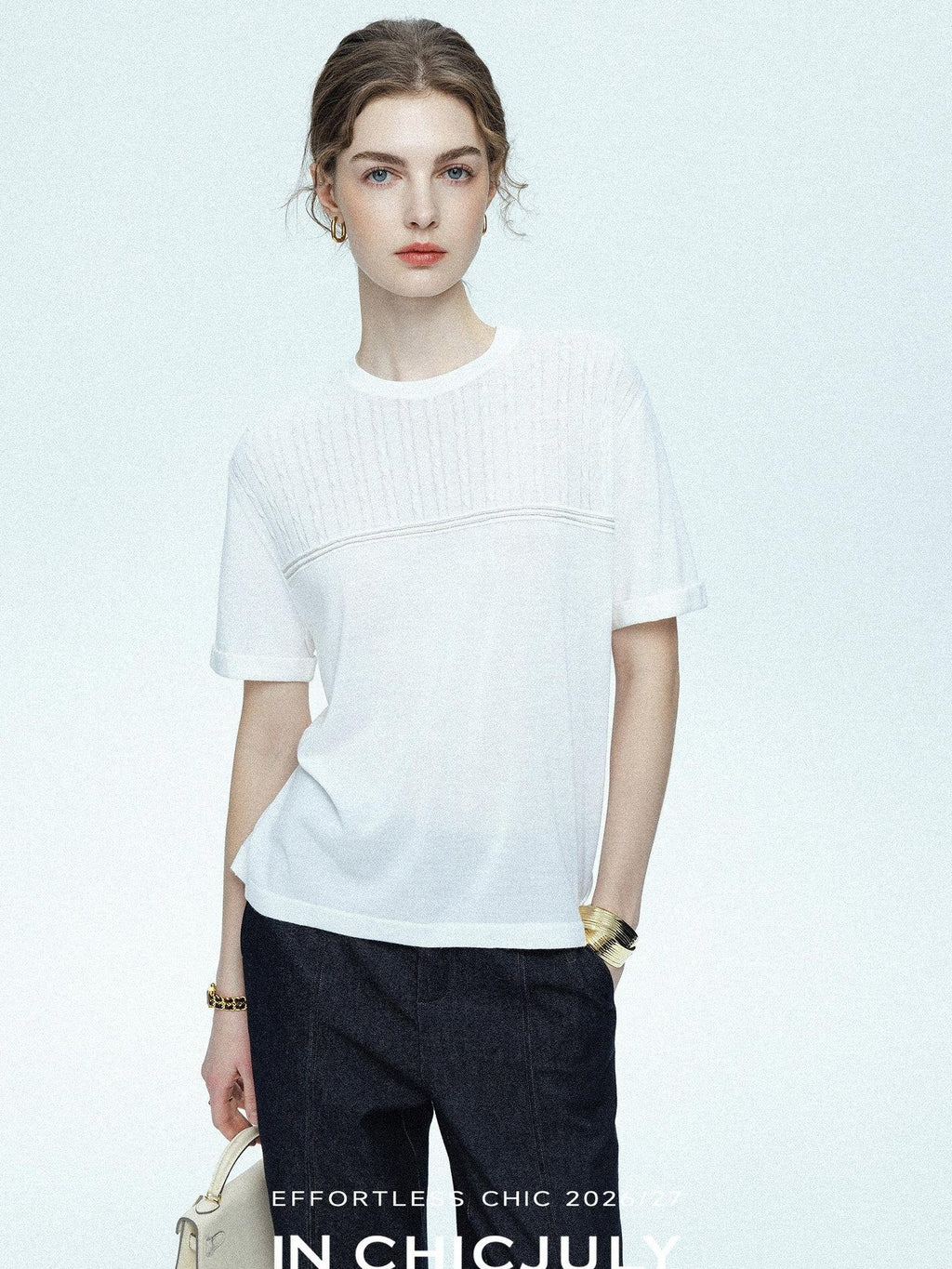 chicjuly Handcrafted Beaded Cable Knit Women's Mulberry Silk Wool Short Sleeve T-shirts