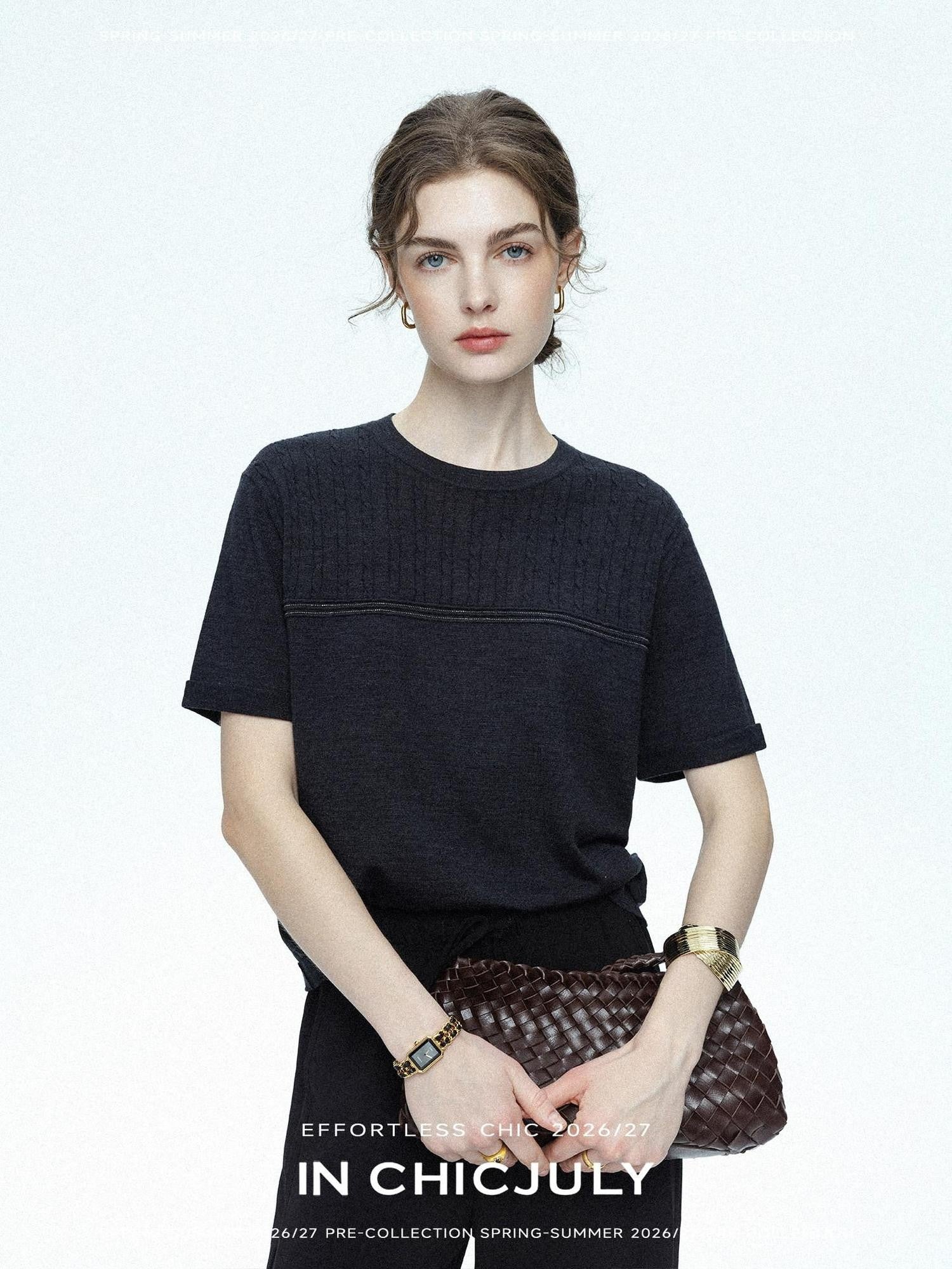 chicjuly Handcrafted Beaded Cable Knit Women's Mulberry Silk Wool Short Sleeve T-shirts