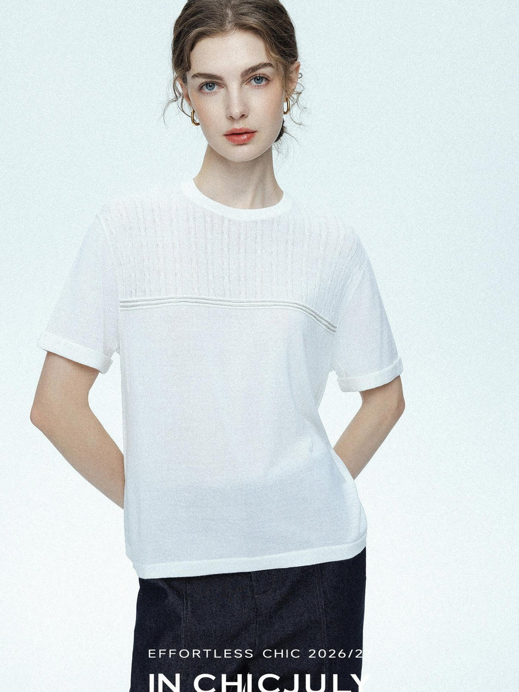 chicjuly Handcrafted Beaded Cable Knit Women's Mulberry Silk Wool Short Sleeve T-shirts