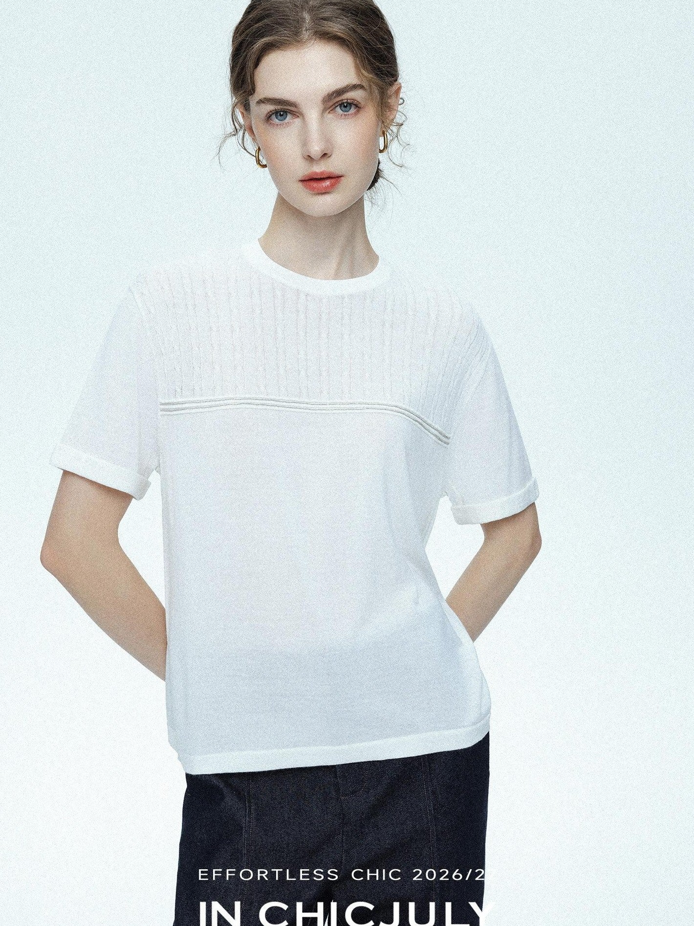 chicjuly Handcrafted Beaded Cable Knit Women's Mulberry Silk Wool Short Sleeve T-shirts