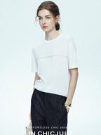 chicjuly Handcrafted Beaded Cable Knit Women's Mulberry Silk Wool Short Sleeve T-shirts