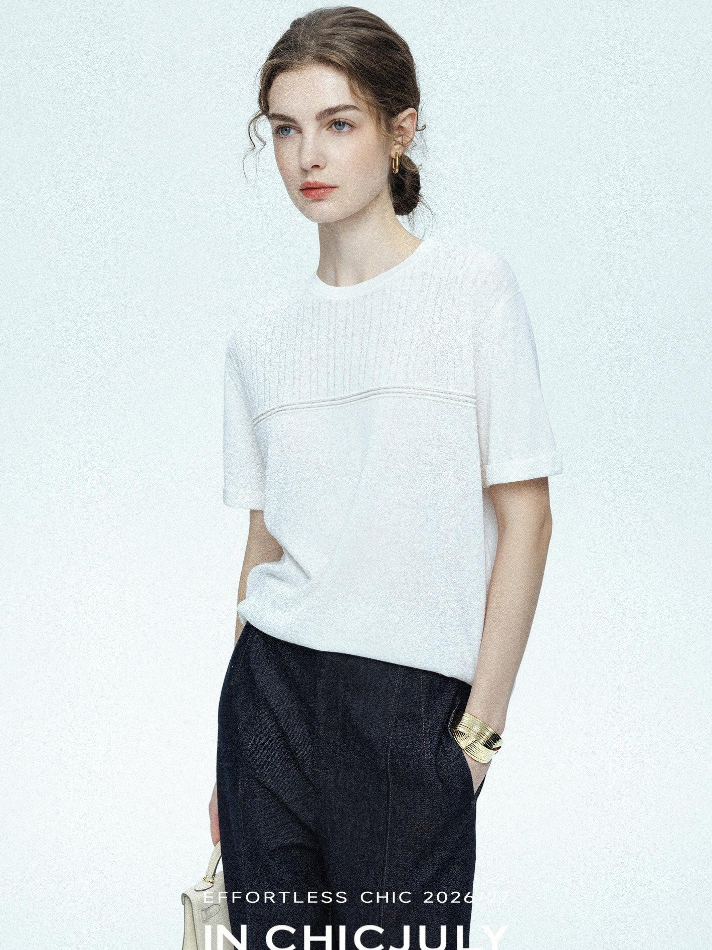 chicjuly Handcrafted Beaded Cable Knit Women's Mulberry Silk Wool Short Sleeve T-shirts
