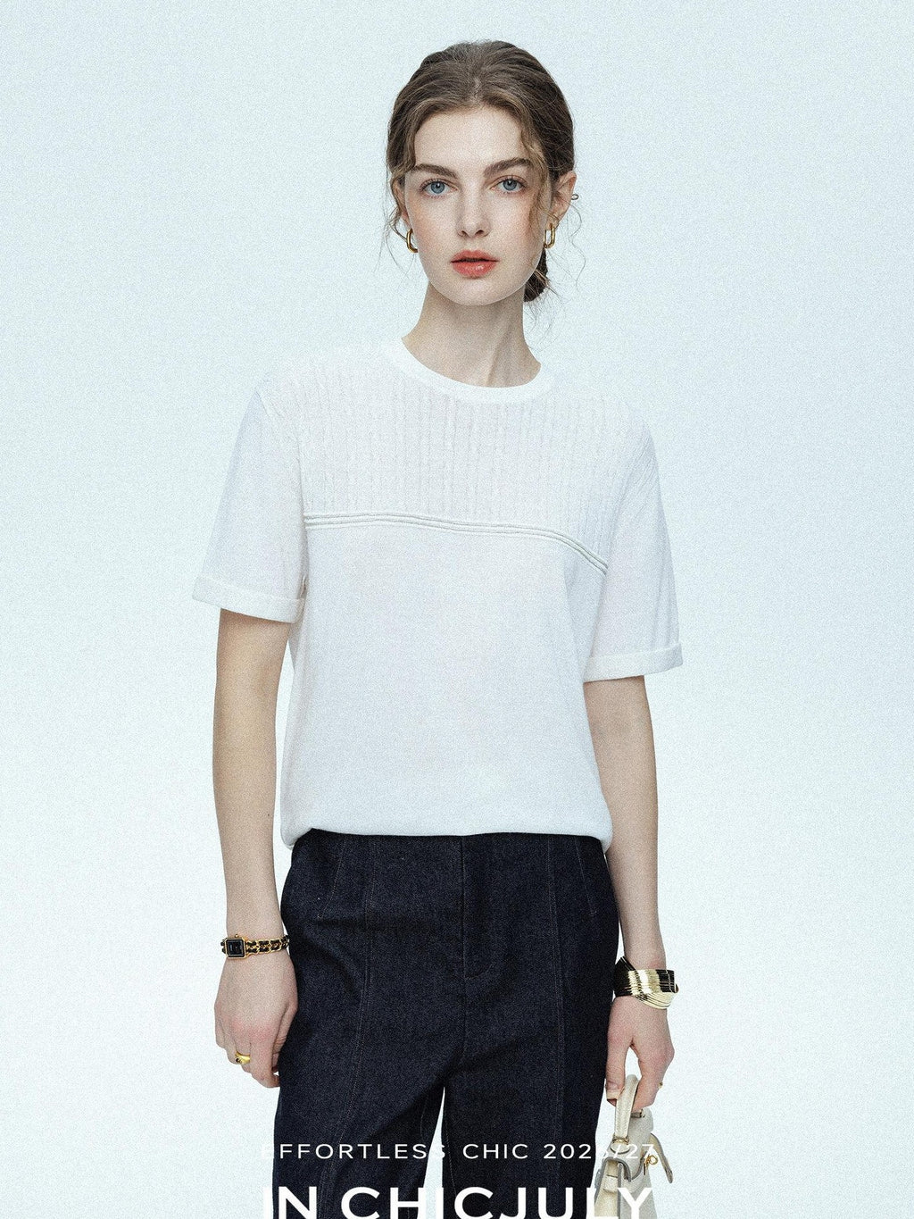 chicjuly Handcrafted Beaded Cable Knit Women's Mulberry Silk Wool Short Sleeve T-shirts