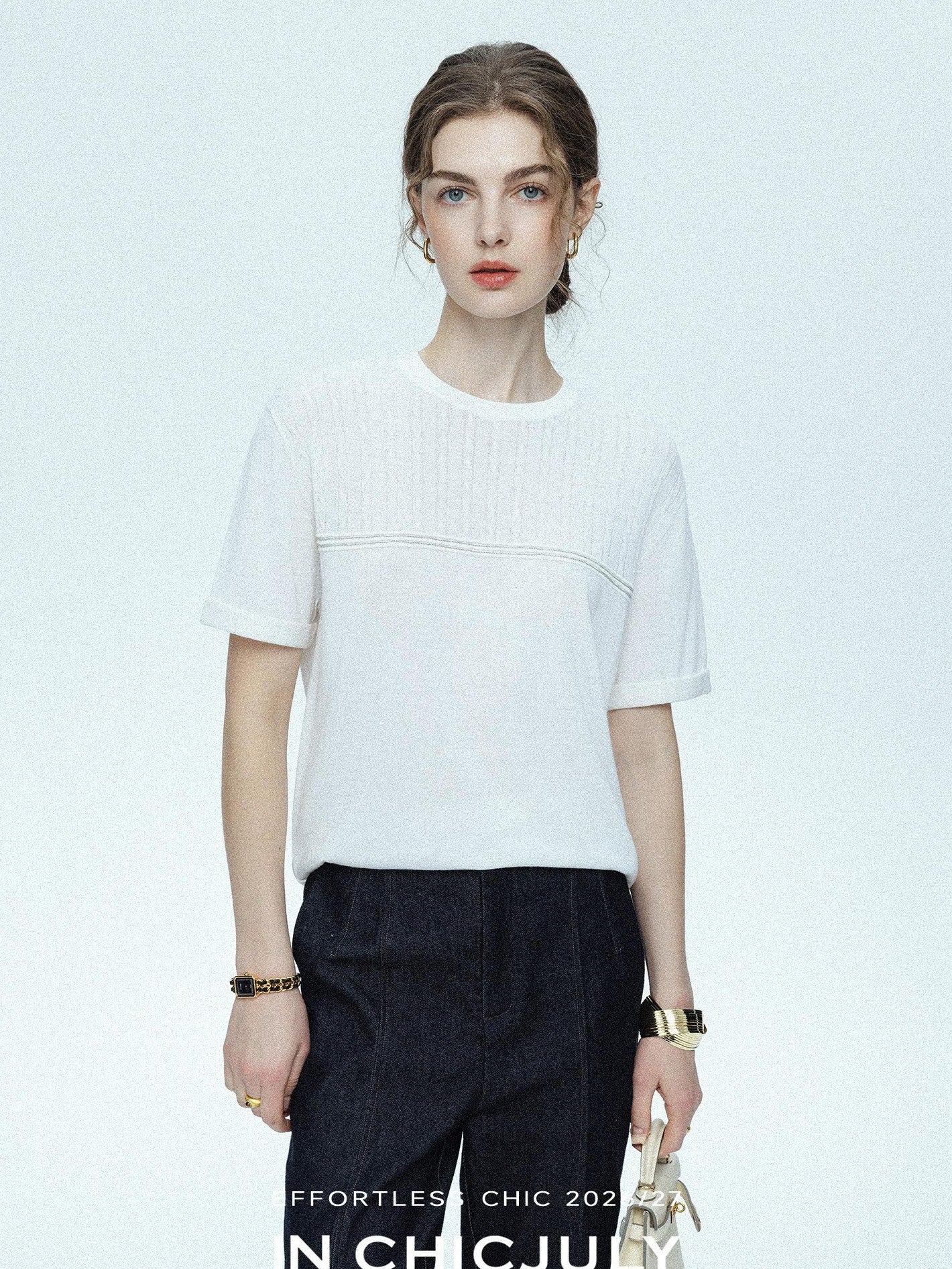 chicjuly Handcrafted Beaded Cable Knit Women's Mulberry Silk Wool Short Sleeve T-shirts