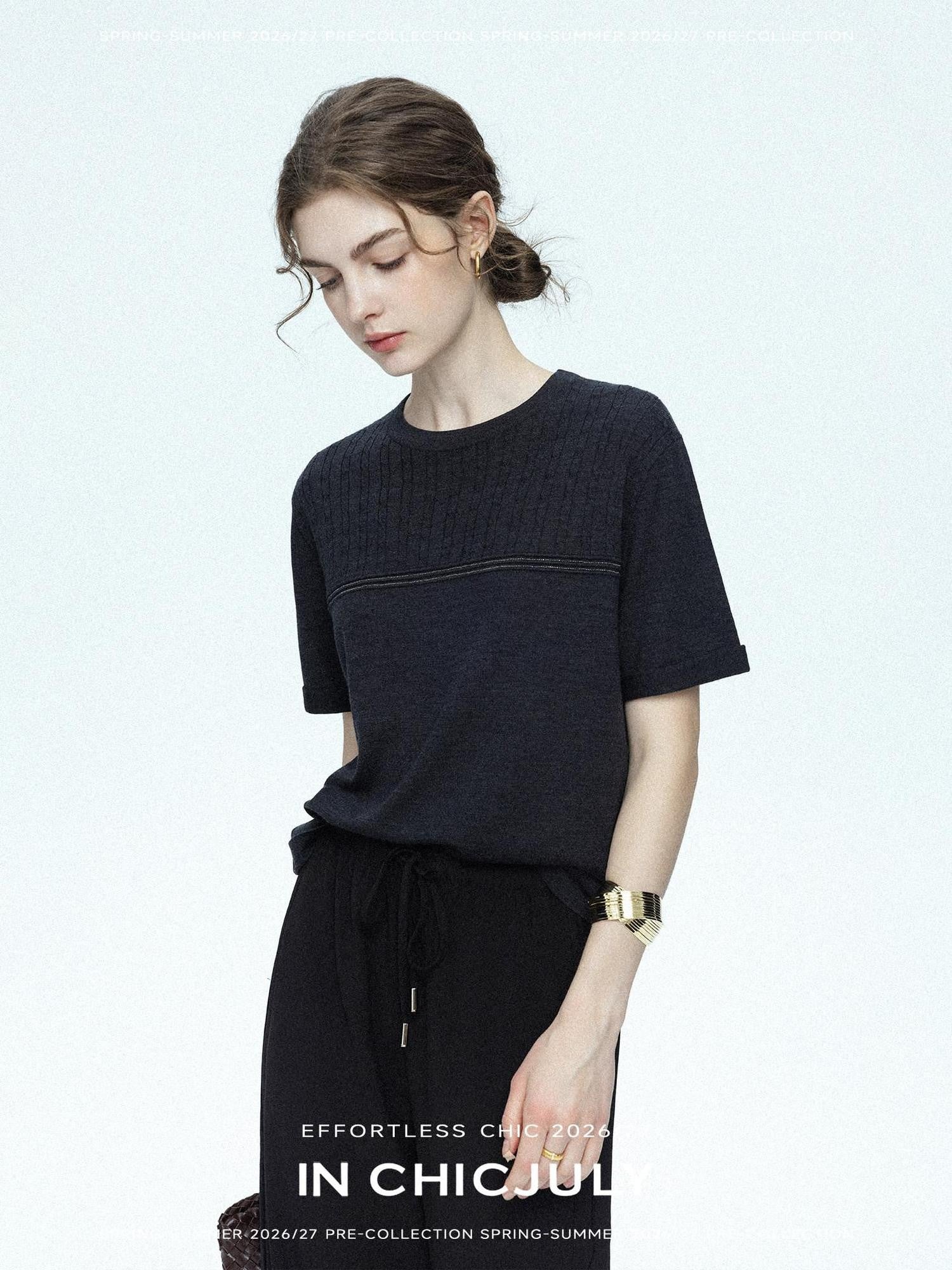 chicjuly Handcrafted Beaded Cable Knit Women's Mulberry Silk Wool Short Sleeve T-shirts