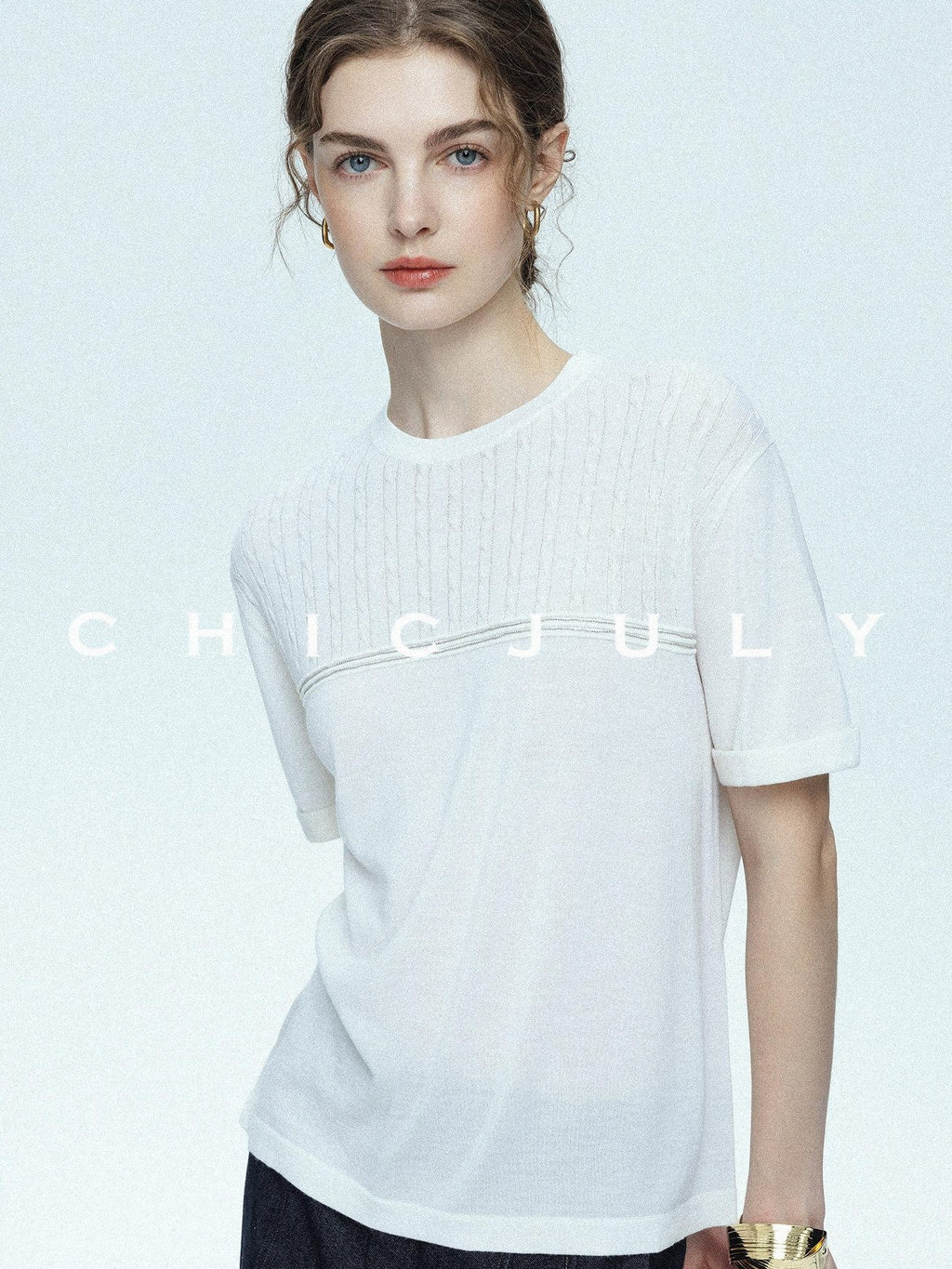 chicjuly Handcrafted Beaded Cable Knit Women's Mulberry Silk Wool Short Sleeve T-shirts