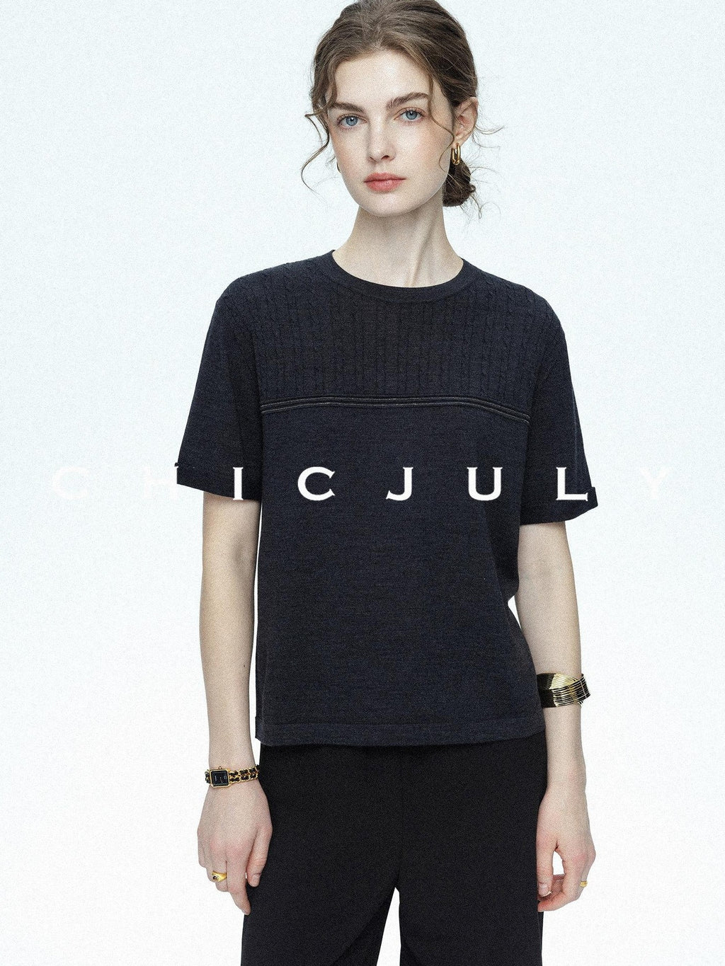 chicjuly Handcrafted Beaded Cable Knit Women's Mulberry Silk Wool Short Sleeve T-shirts