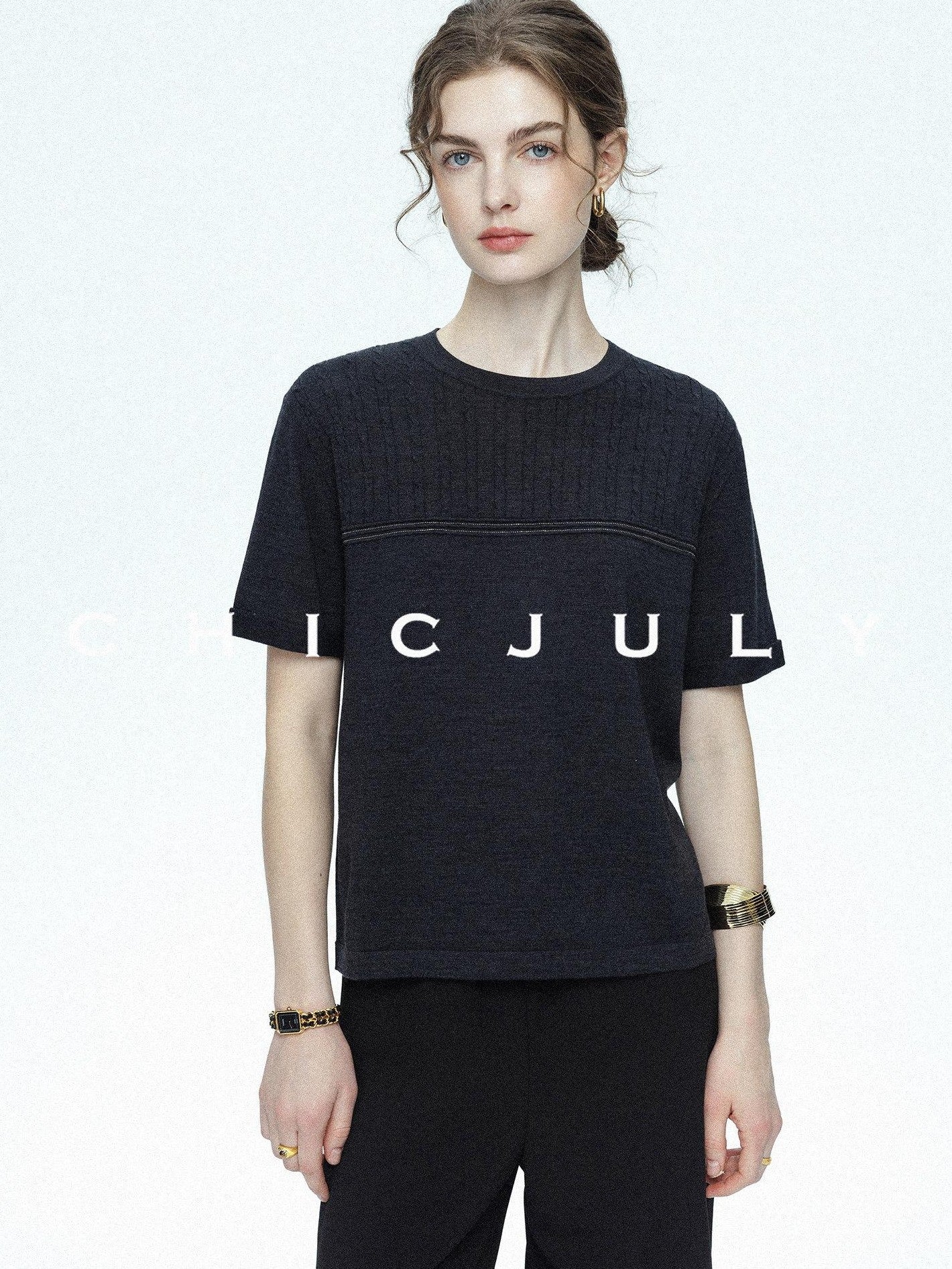 chicjuly Handcrafted Beaded Cable Knit Women's Mulberry Silk Wool Short Sleeve T-shirts