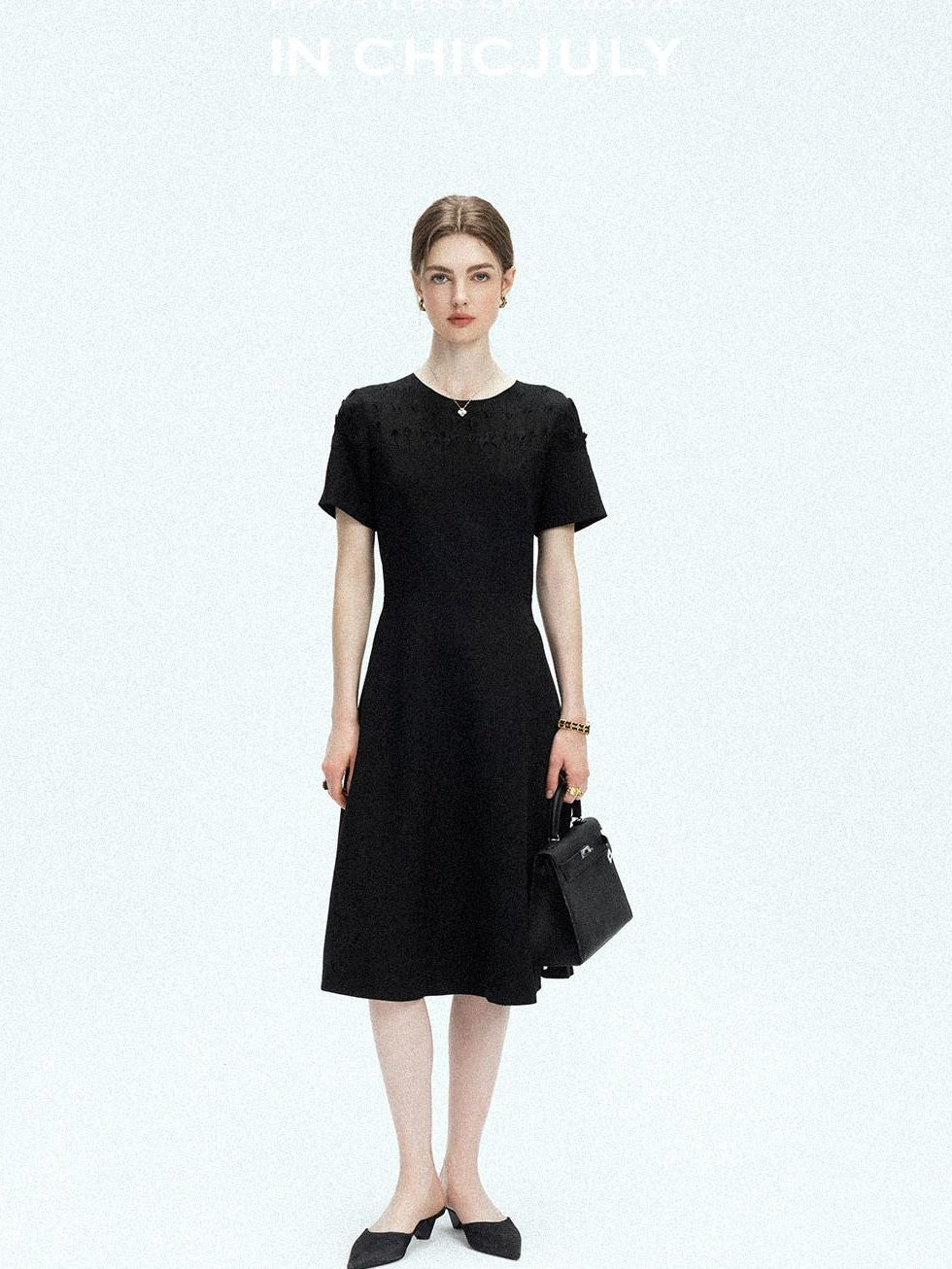 chicjuly Handmade Iris Embroidery Structured Tailoring Women's Acetate Midi Dresses