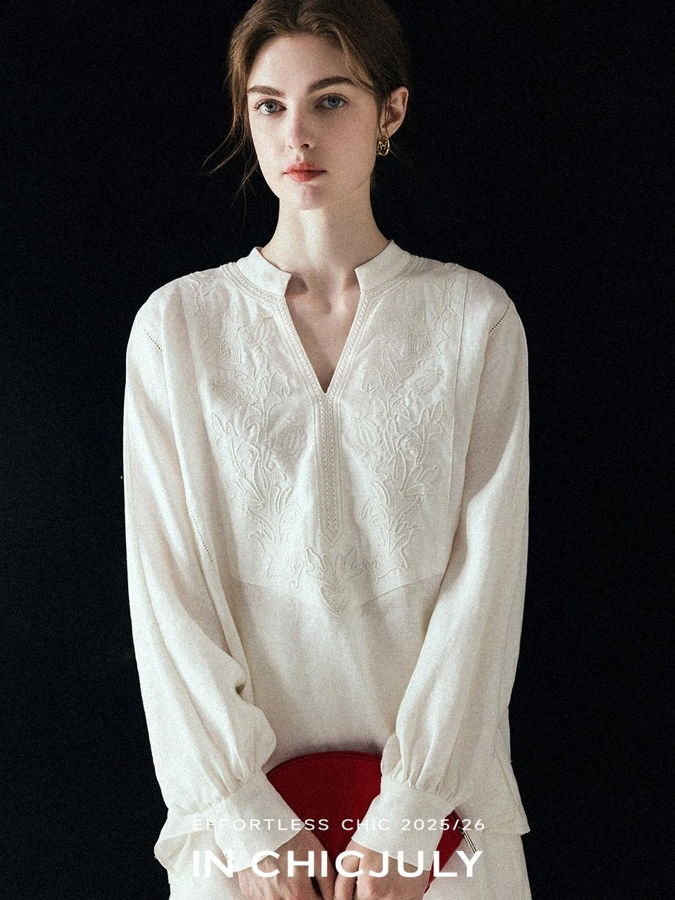 chicjuly Heavy Embroidery 3d Relief Stand Collar Uv Women's Linen Shirts