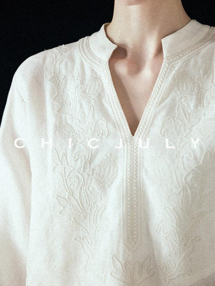 chicjuly Heavy Embroidery 3d Relief Stand Collar Uv Women's Linen Shirts