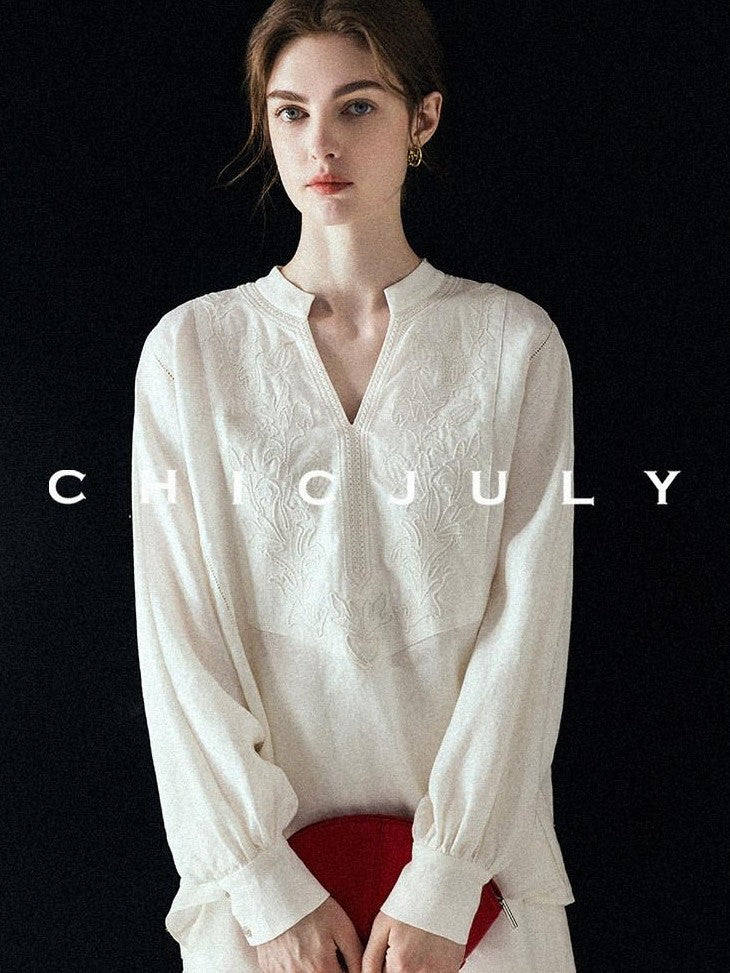 chicjuly Heavy Embroidery 3d Relief Stand Collar Uv Women's Linen Shirts