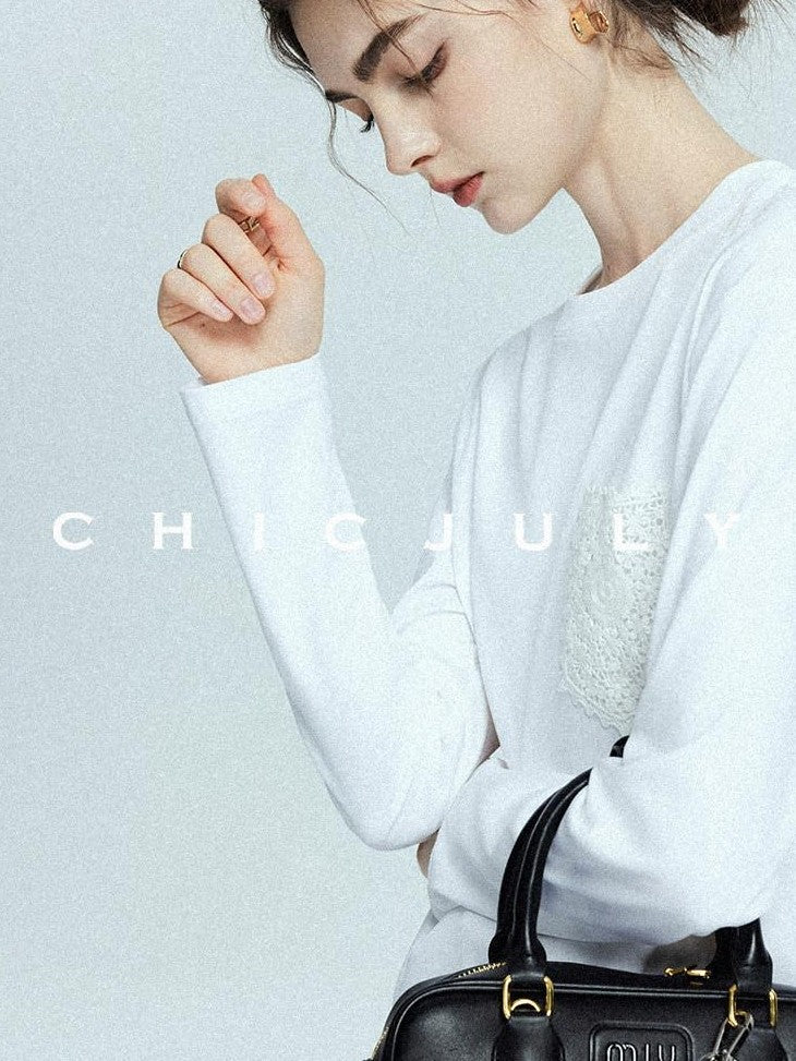 chicjuly Heavy Embroidery Soft Structured Women's Long Staple Cotton Long Sleeve T-shirts