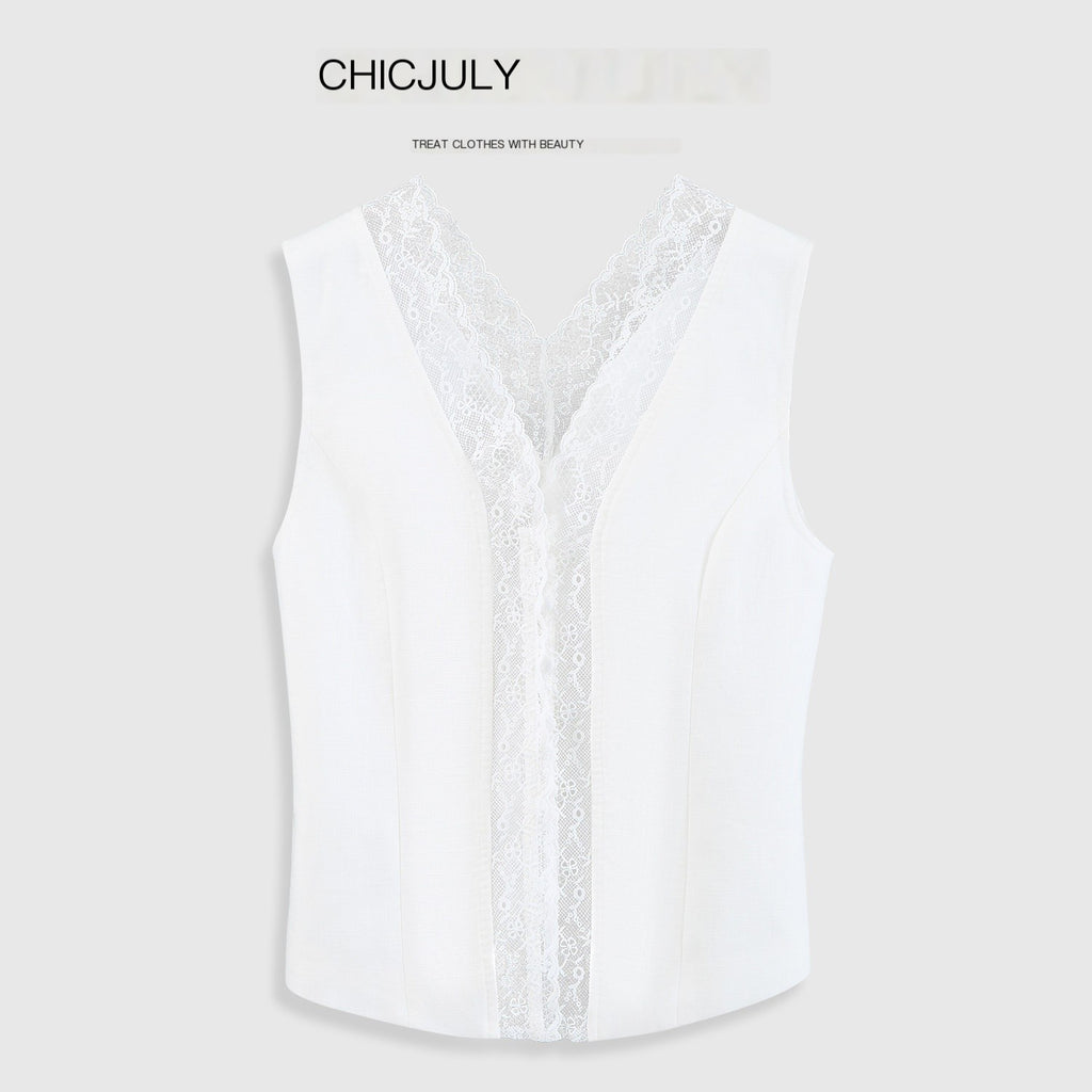 chicjuly Heavy Lace Embroidered Handcrafted Loop Button Women's Linen Tank Tops 917694193420
