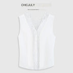 chicjuly Heavy Lace Embroidered Handcrafted Loop Button Women's Linen Tank Tops 917694193420
