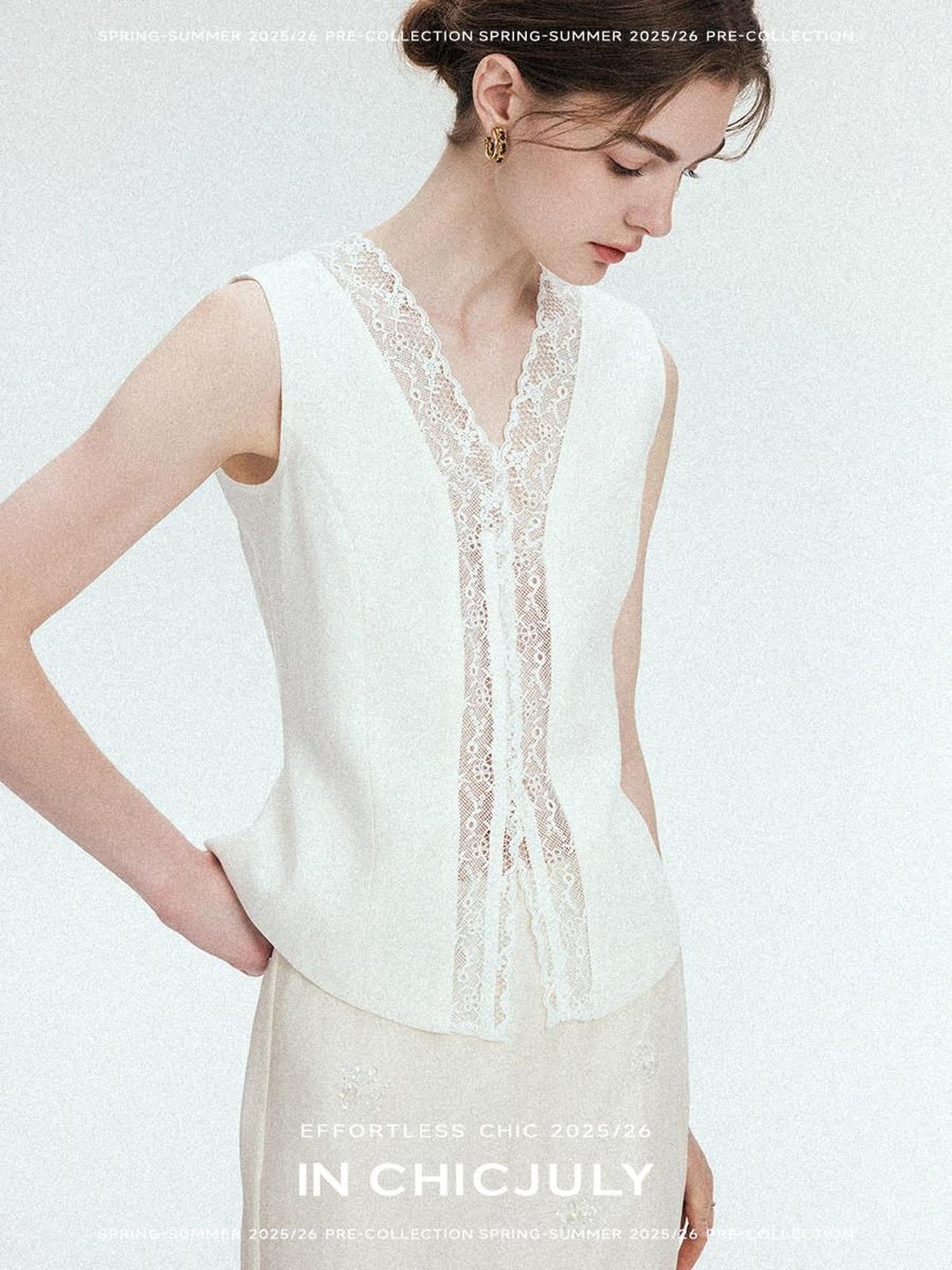 chicjuly Heavy Lace Embroidered Handcrafted Loop Button Women's Linen Tank Tops