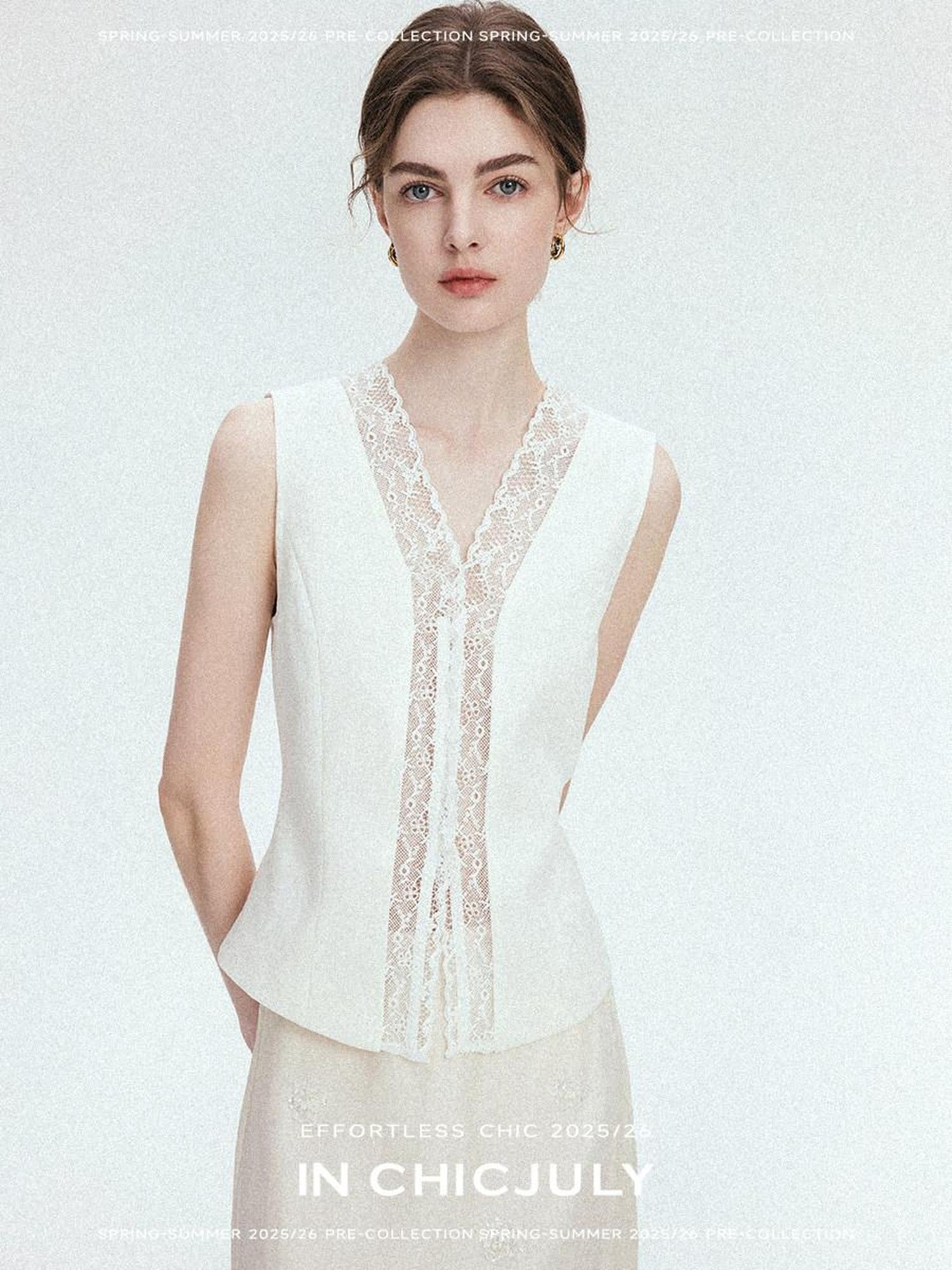 chicjuly Heavy Lace Embroidered Handcrafted Loop Button Women's Linen Tank Tops
