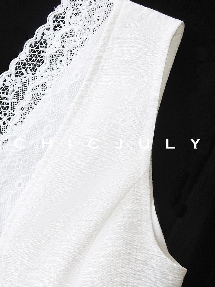 chicjuly Heavy Lace Embroidered Handcrafted Loop Button Women's Linen Tank Tops