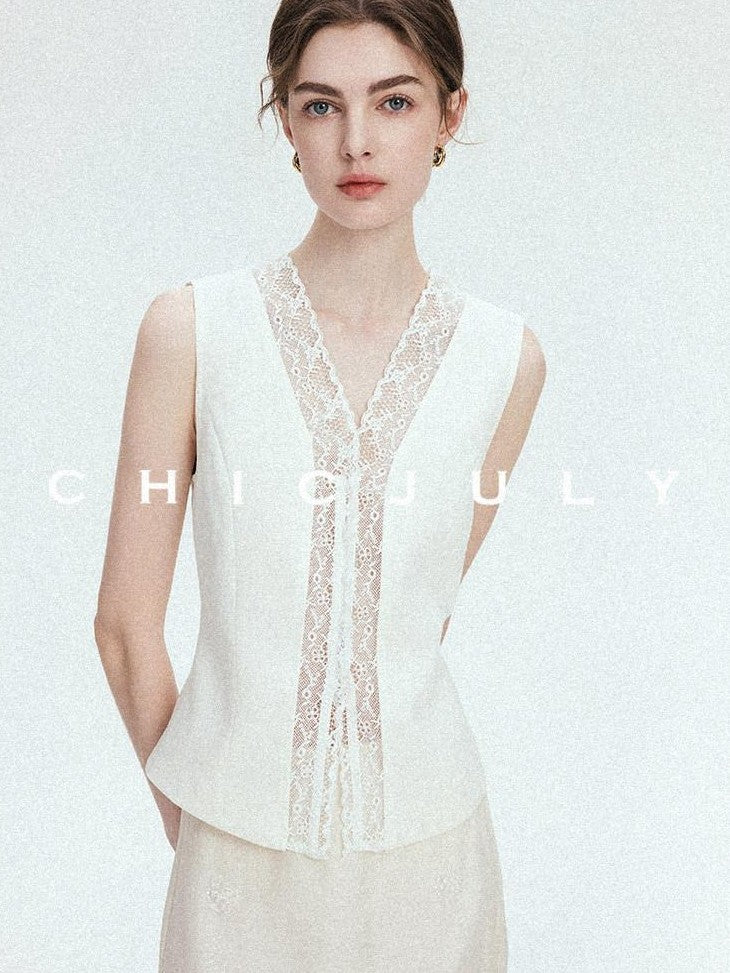 chicjuly Heavy Lace Embroidered Handcrafted Loop Button Women's Linen Tank Tops