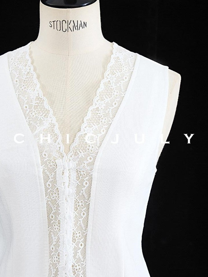 chicjuly Heavy Lace Embroidered Handcrafted Loop Button Women's Linen Tank Tops
