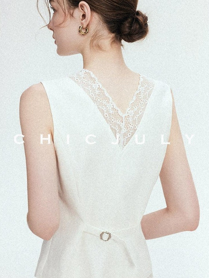 chicjuly Heavy Lace Embroidered Handcrafted Loop Button Women's Linen Tank Tops