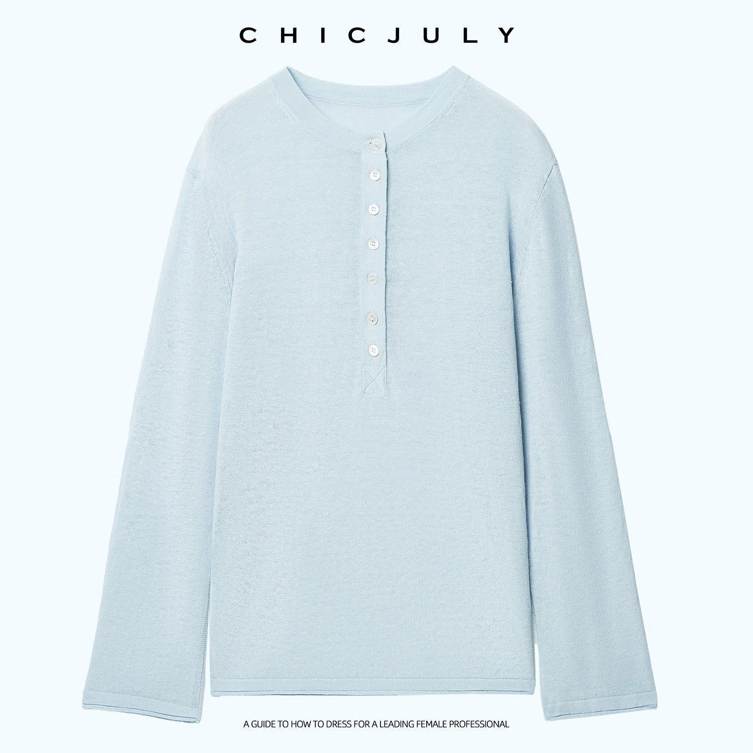 chicjuly Ice Blue Henley Collar Minimalist Commuter Women's Linen Long Sleeve T-shirts 1036747375265