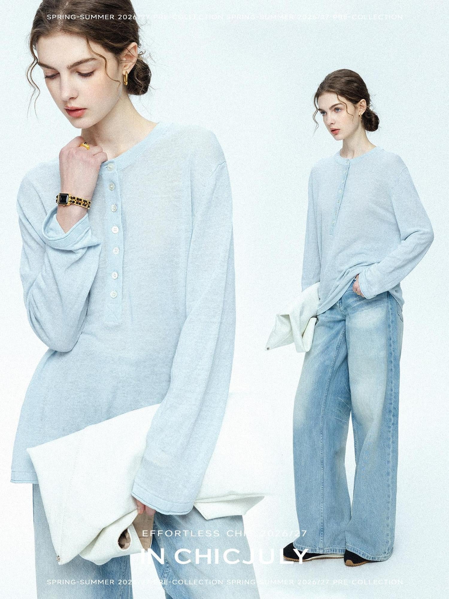 chicjuly Ice Blue Henley Collar Minimalist Commuter Women's Linen Long Sleeve T-shirts