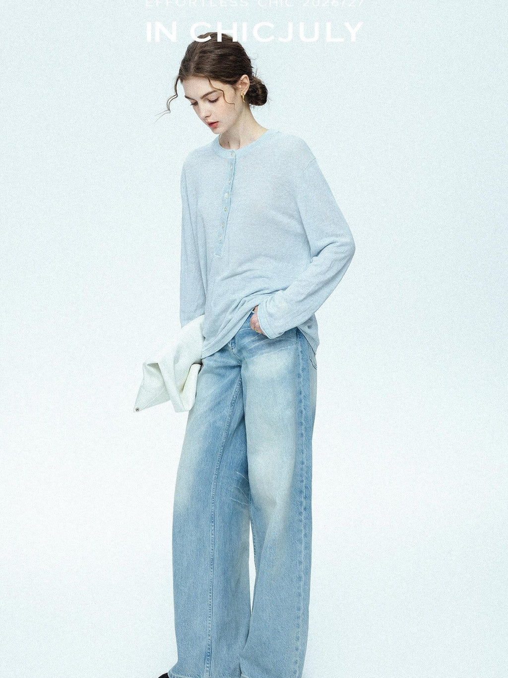 chicjuly Ice Blue Henley Collar Minimalist Commuter Women's Linen Long Sleeve T-shirts