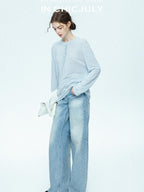 chicjuly Ice Blue Henley Collar Minimalist Commuter Women's Linen Long Sleeve T-shirts