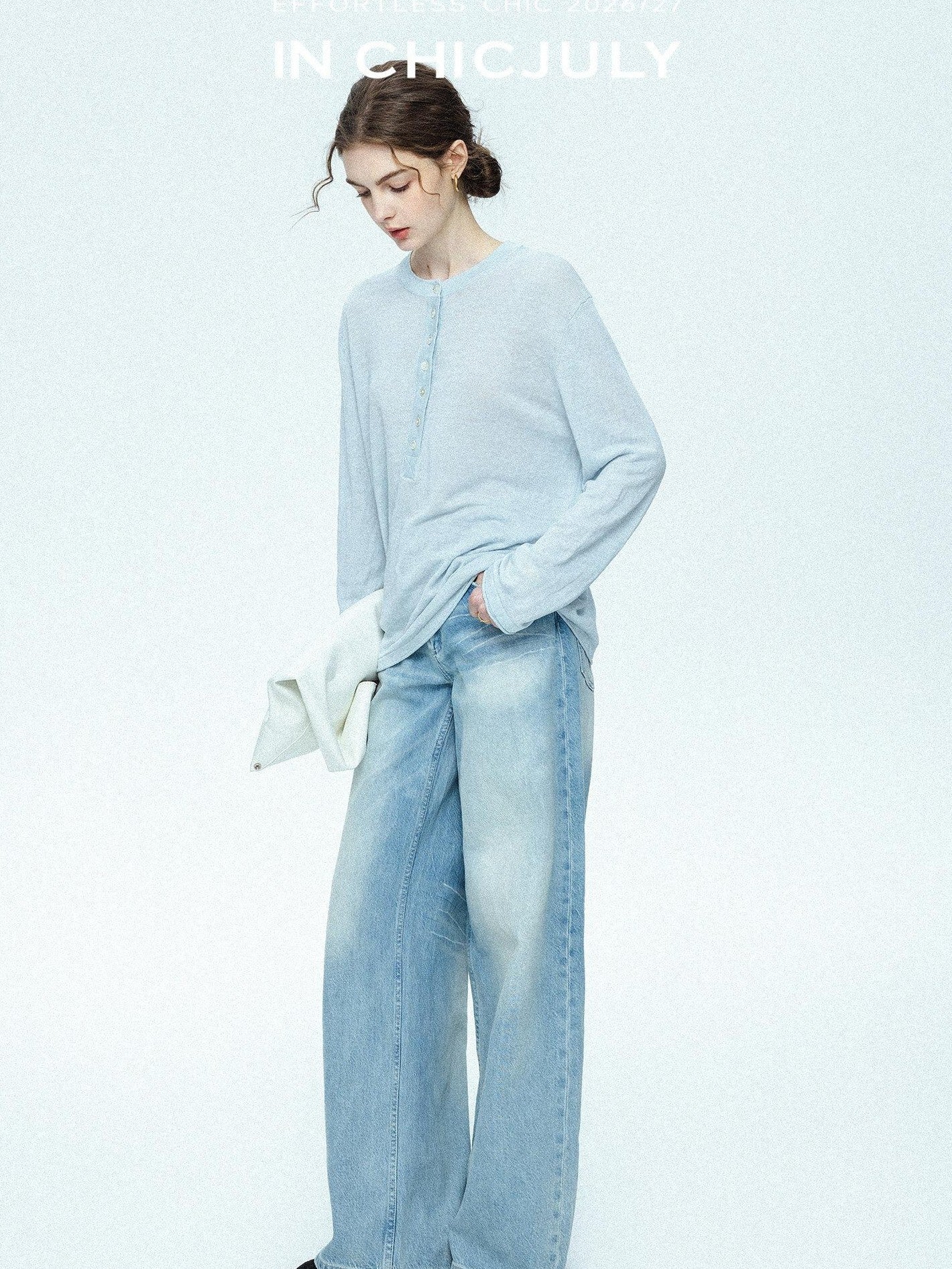 chicjuly Ice Blue Henley Collar Minimalist Commuter Women's Linen Long Sleeve T-shirts