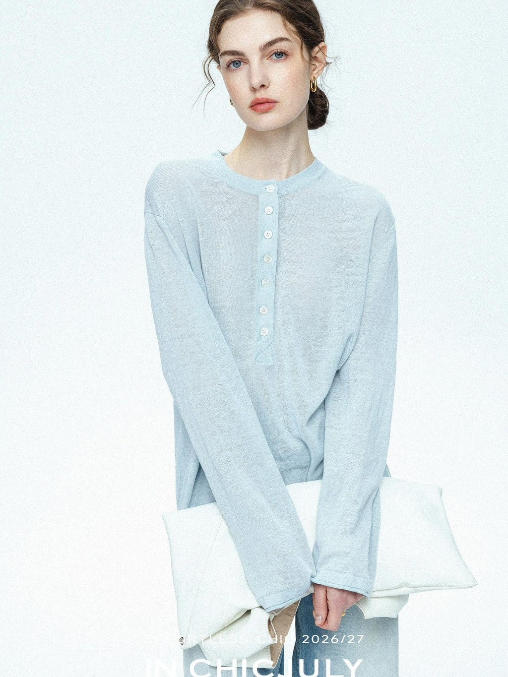 chicjuly Ice Blue Henley Collar Minimalist Commuter Women's Linen Long Sleeve T-shirts