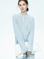 chicjuly Ice Blue Henley Collar Minimalist Commuter Women's Linen Long Sleeve T-shirts