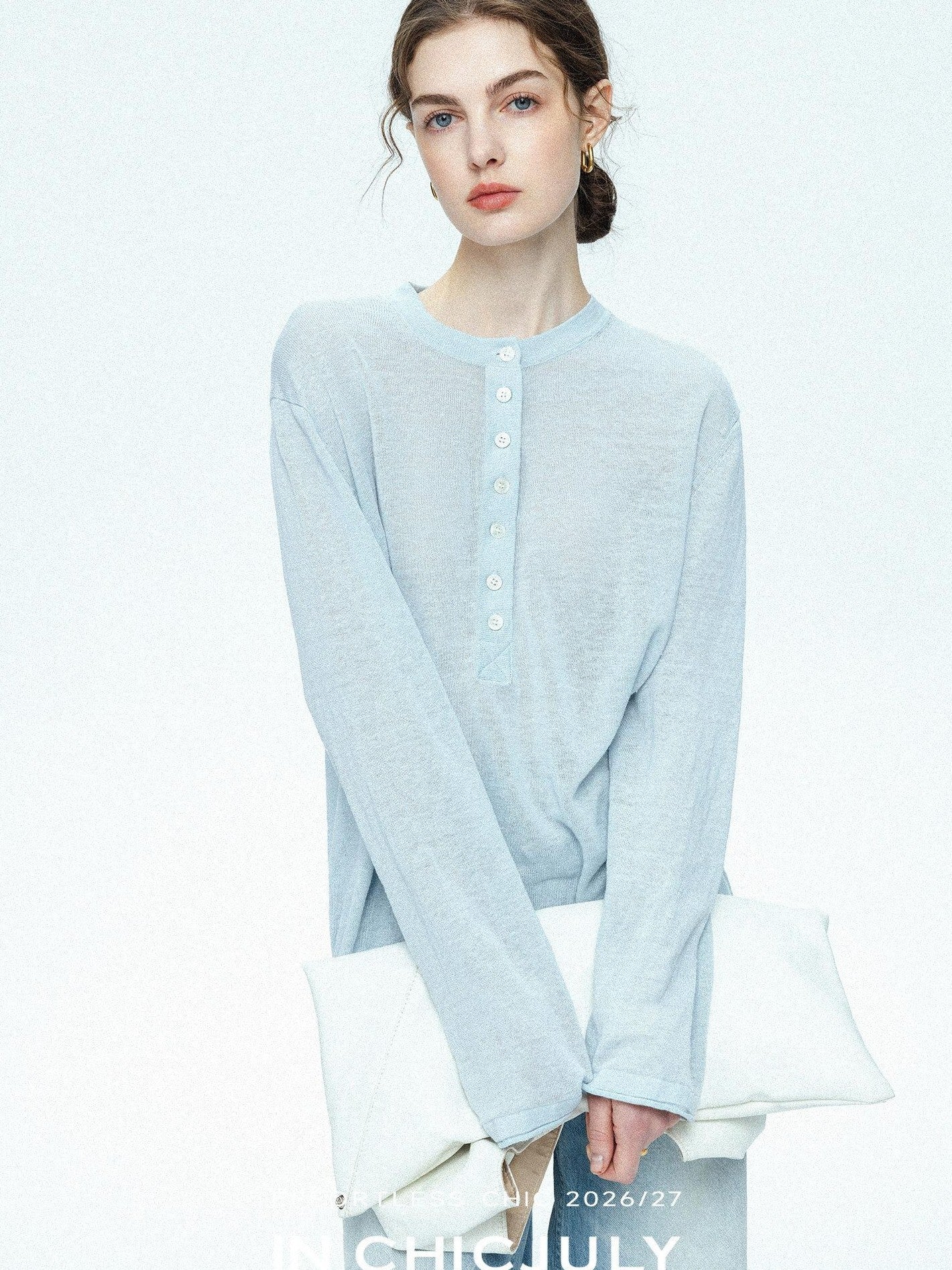 chicjuly Ice Blue Henley Collar Minimalist Commuter Women's Linen Long Sleeve T-shirts