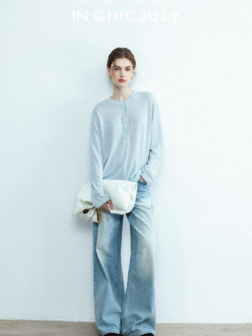 chicjuly Ice Blue Henley Collar Minimalist Commuter Women's Linen Long Sleeve T-shirts