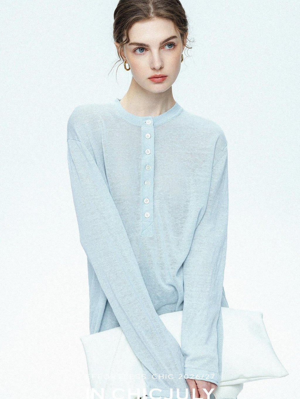 chicjuly Ice Blue Henley Collar Minimalist Commuter Women's Linen Long Sleeve T-shirts