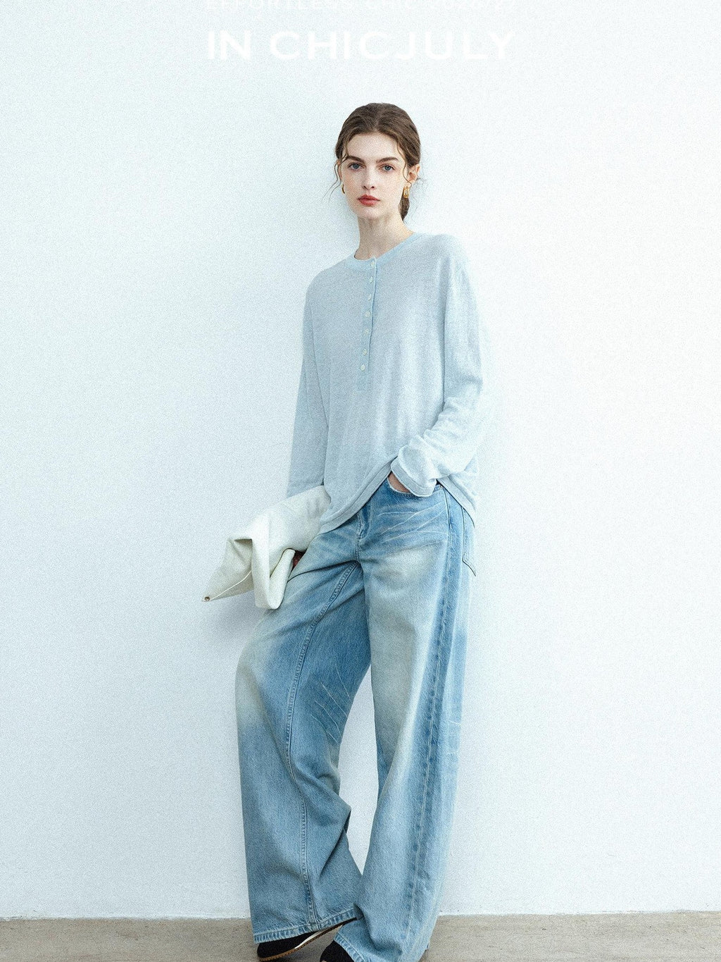 chicjuly Ice Blue Henley Collar Minimalist Commuter Women's Linen Long Sleeve T-shirts