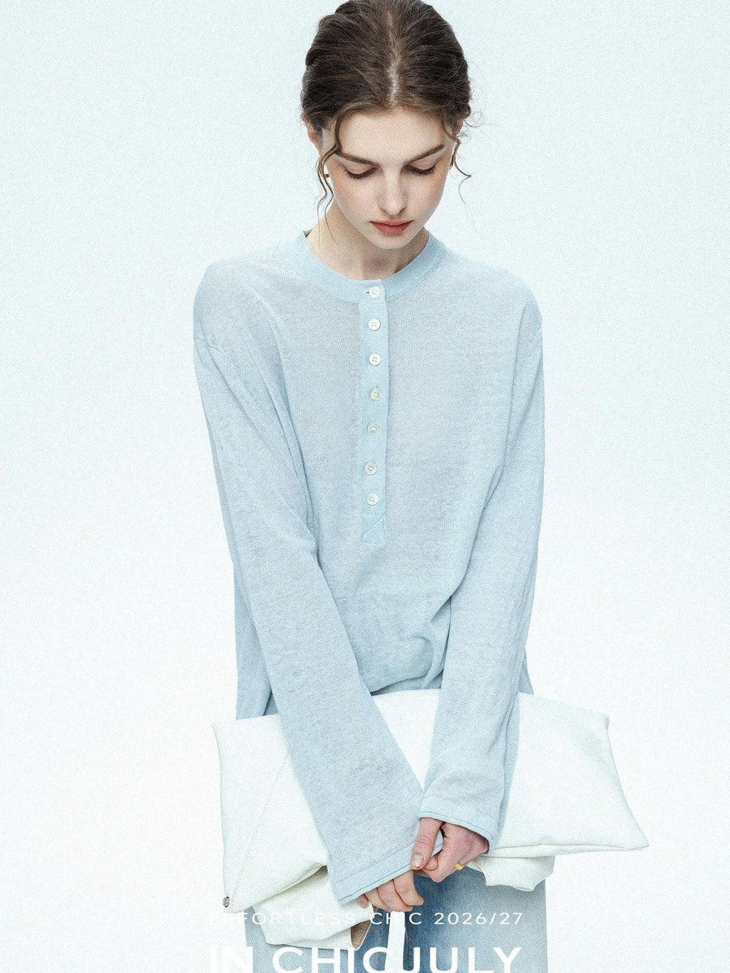 chicjuly Ice Blue Henley Collar Minimalist Commuter Women's Linen Long Sleeve T-shirts
