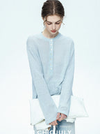 chicjuly Ice Blue Henley Collar Minimalist Commuter Women's Linen Long Sleeve T-shirts