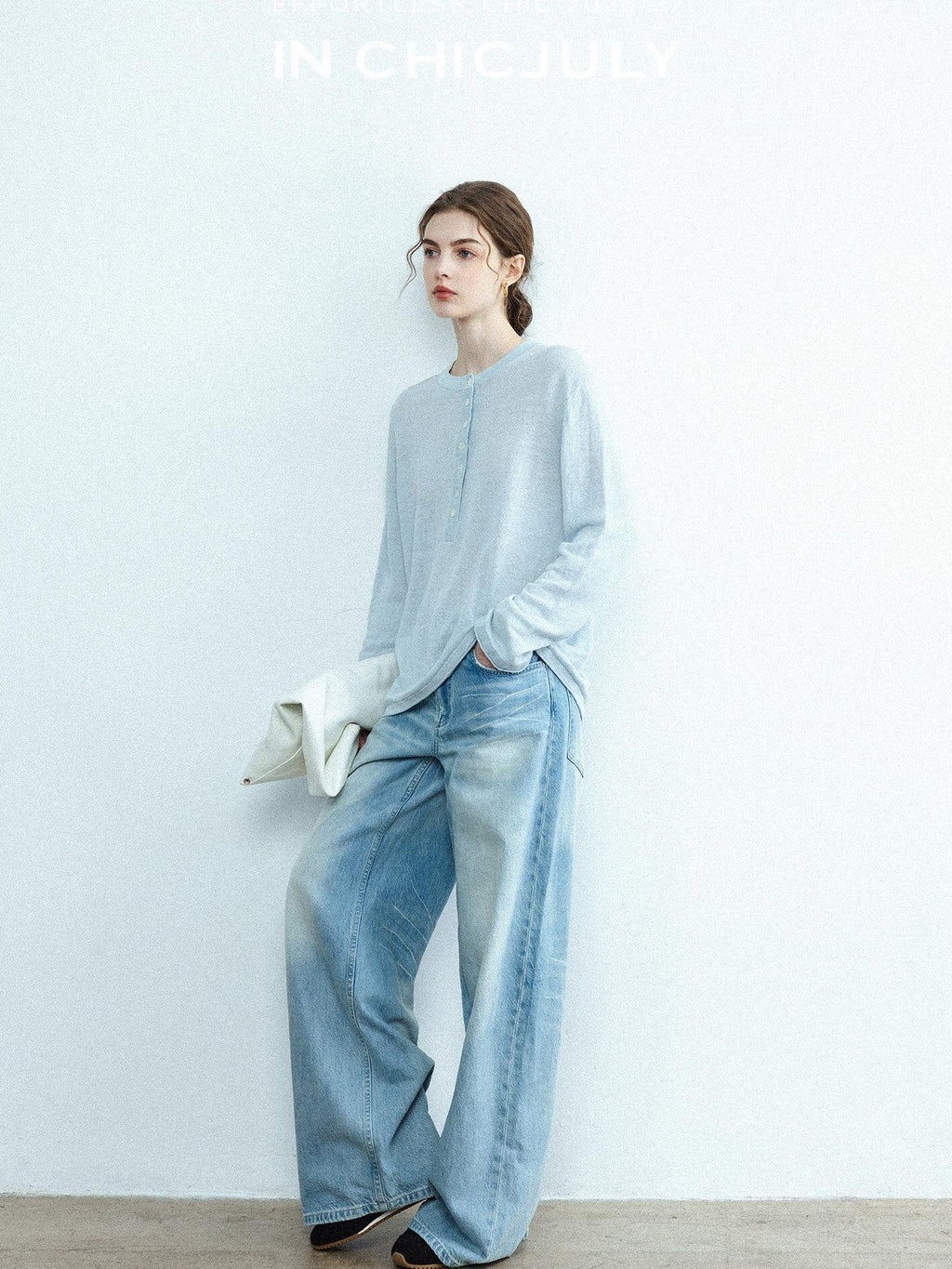 chicjuly Ice Blue Henley Collar Minimalist Commuter Women's Linen Long Sleeve T-shirts