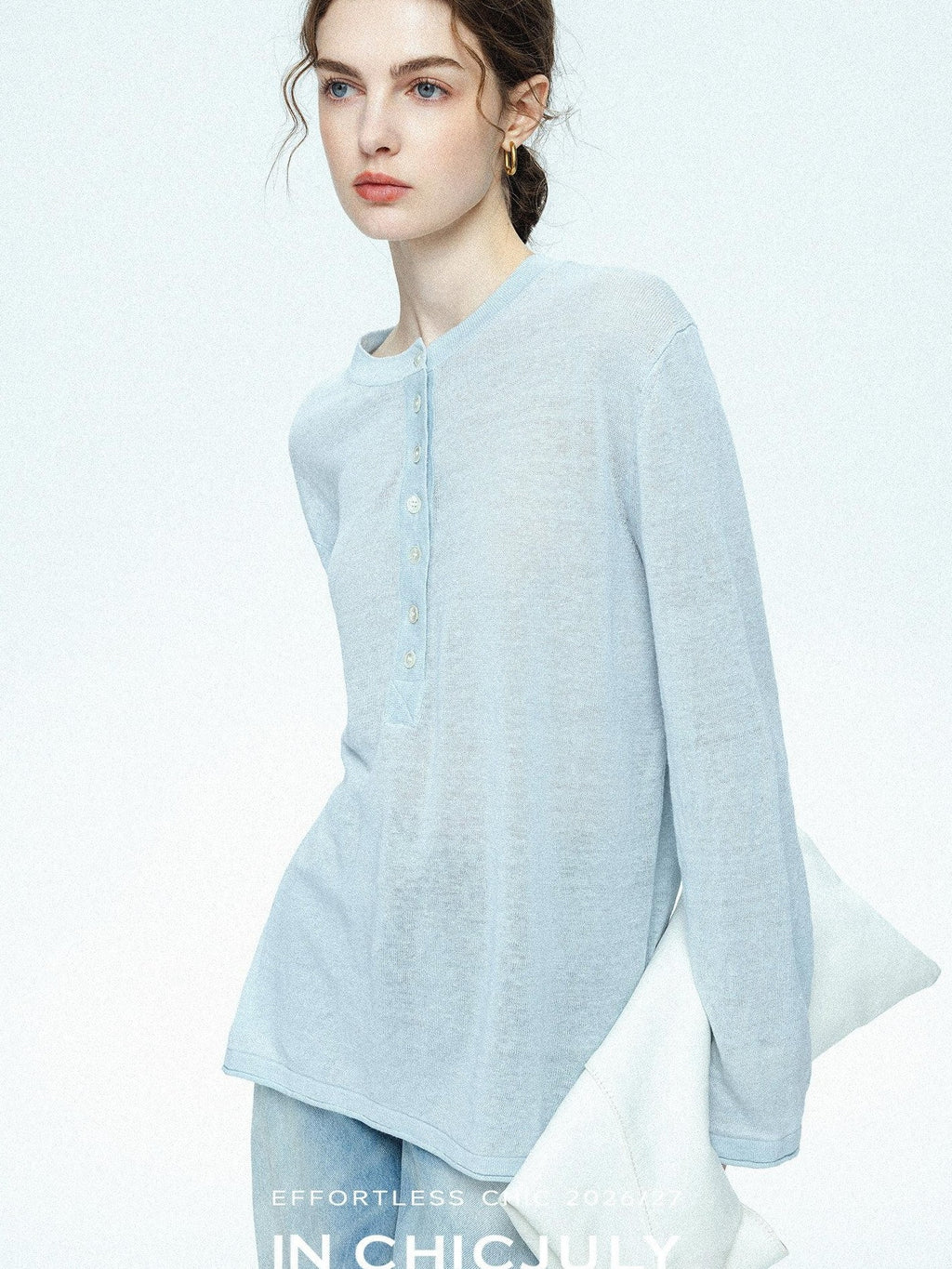 chicjuly Ice Blue Henley Collar Minimalist Commuter Women's Linen Long Sleeve T-shirts